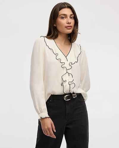Long-Sleeve V-Neck Blouse with Ruffles