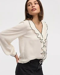 Long-Sleeve V-Neck Blouse with Ruffles