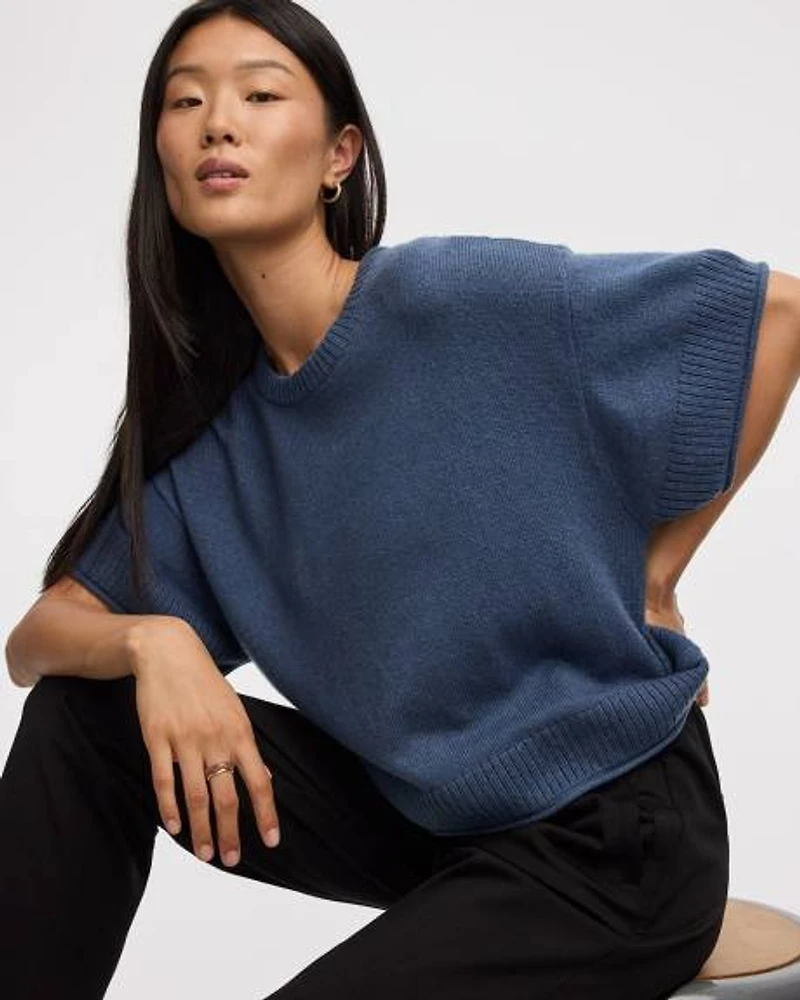 Cashmere-Blend Short-Sleeve Crew-Neck Loose Sweater