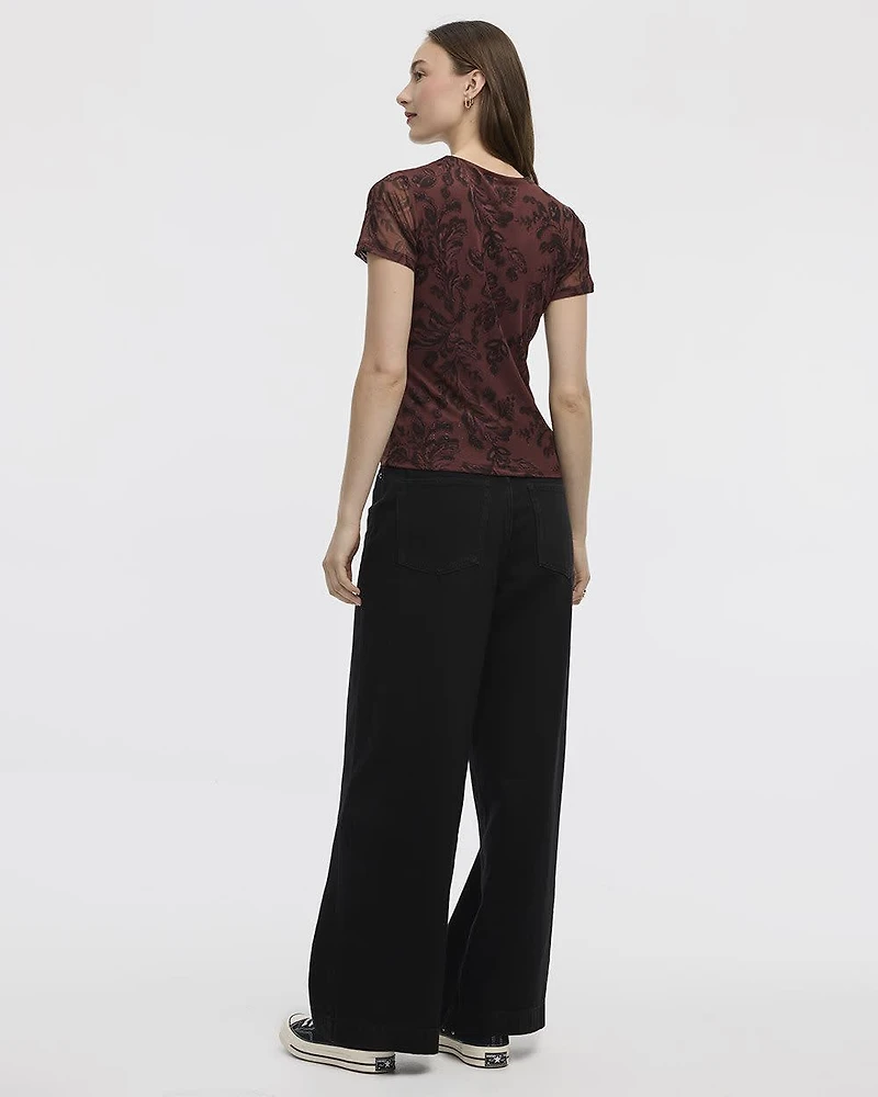 Short-Sleeve Crew-Neck Mesh Top