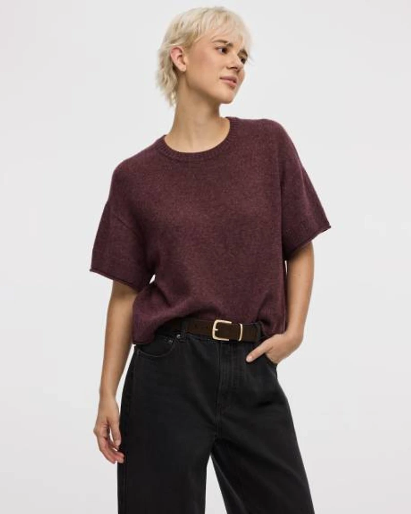 Cashmere-Blend Short-Sleeve Crew-Neck Loose Sweater