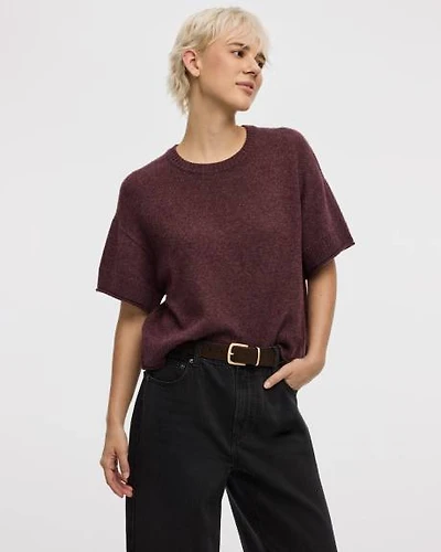 Cashmere-Blend Short-Sleeve Crew-Neck Loose Sweater