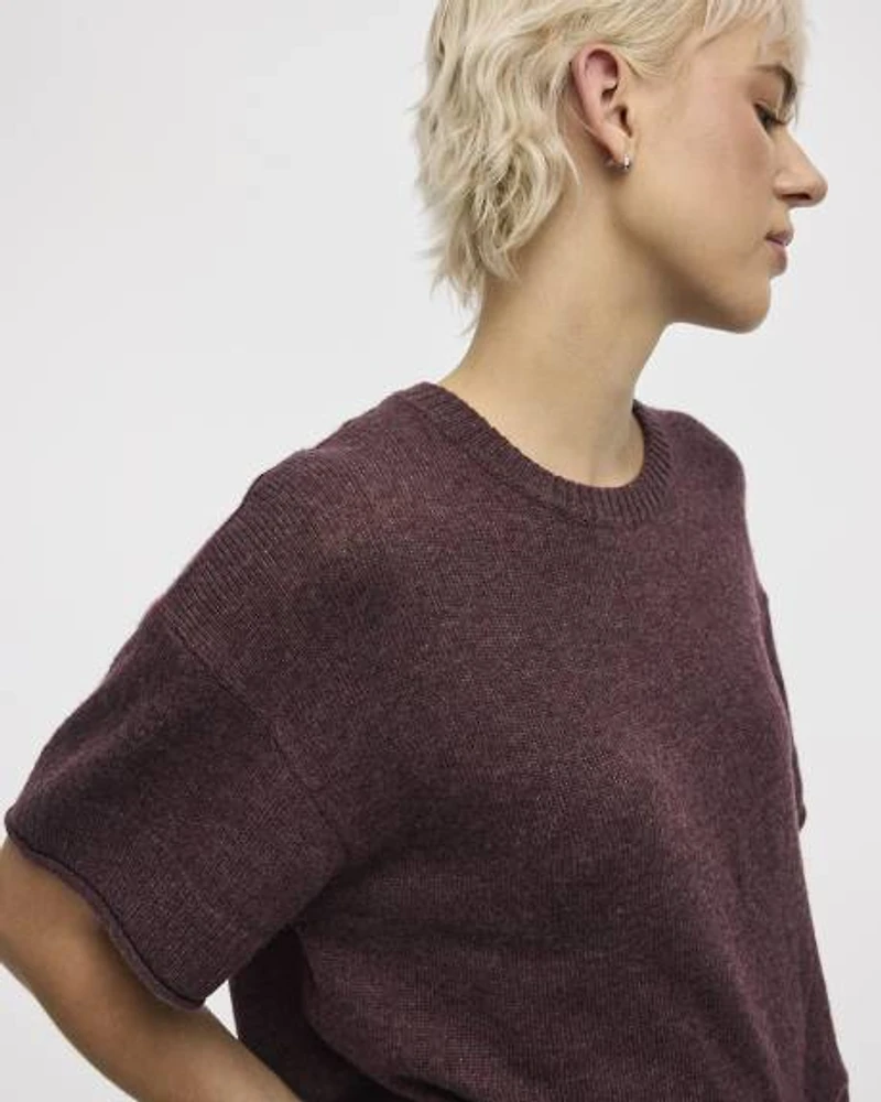 Cashmere-Blend Short-Sleeve Crew-Neck Loose Sweater