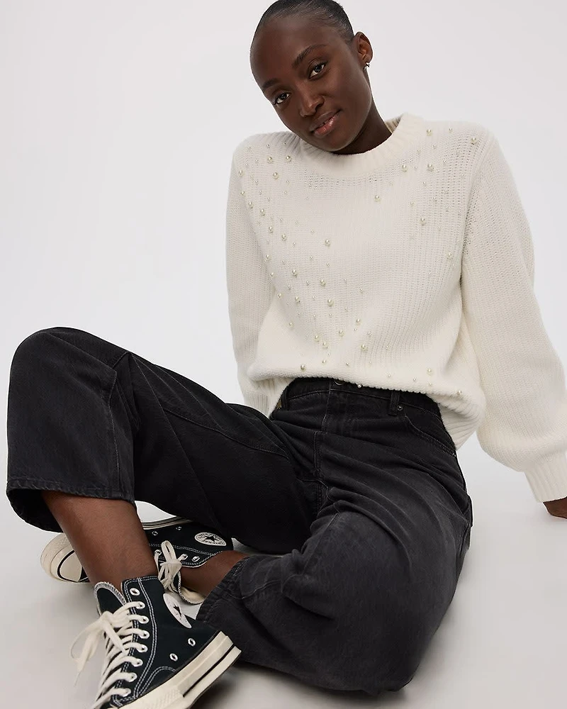 Long-Sleeve Crew-Neck Sweater with Pearls