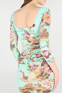 Mini Dress With Oriental Bird Print