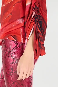 Sweater With Gathered Sleeves And Rose Print