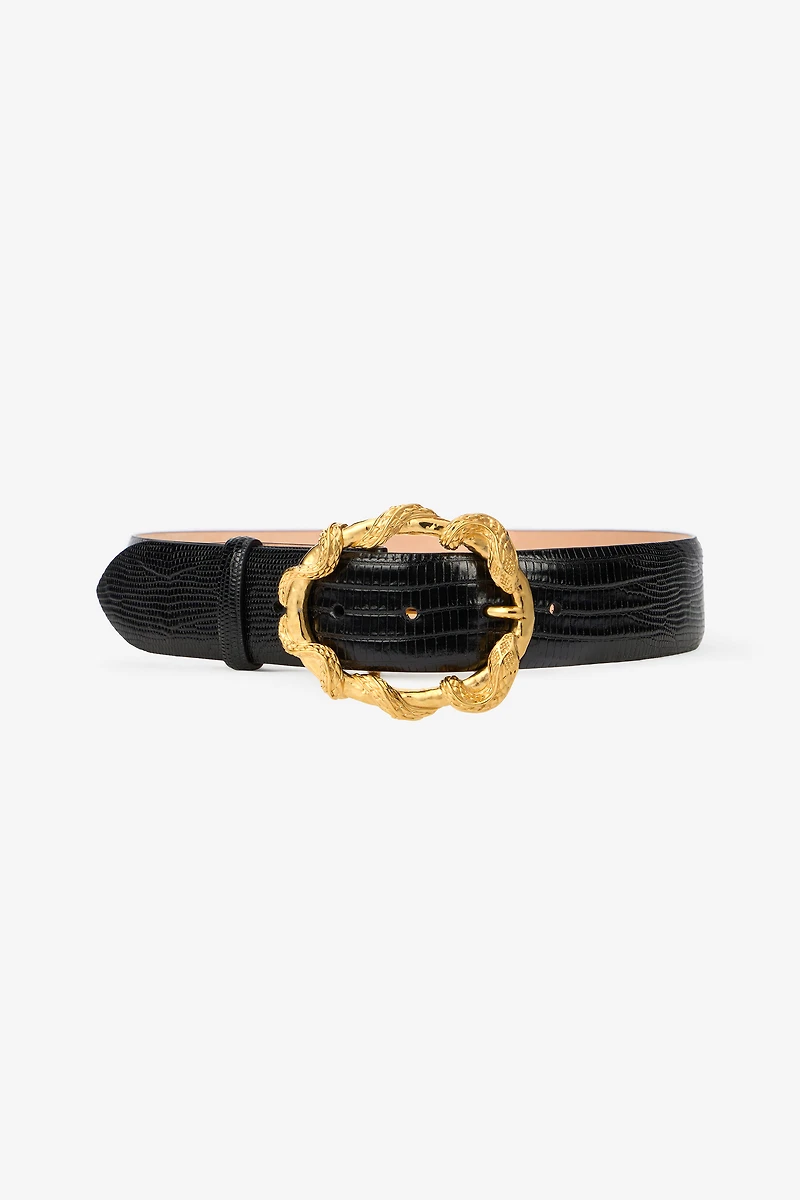 Black Belt With Cobra Print And Snake Buckle