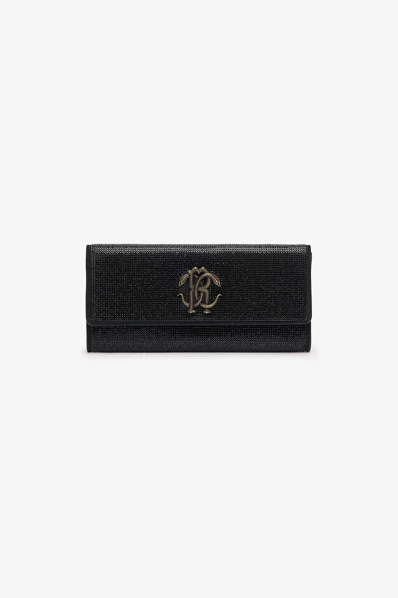 Black Crystal-Embellished Pochette Bag With Mirror Snake Monogram