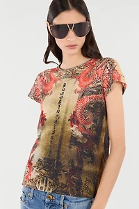 Cotton T-Shirt With Oriental Print