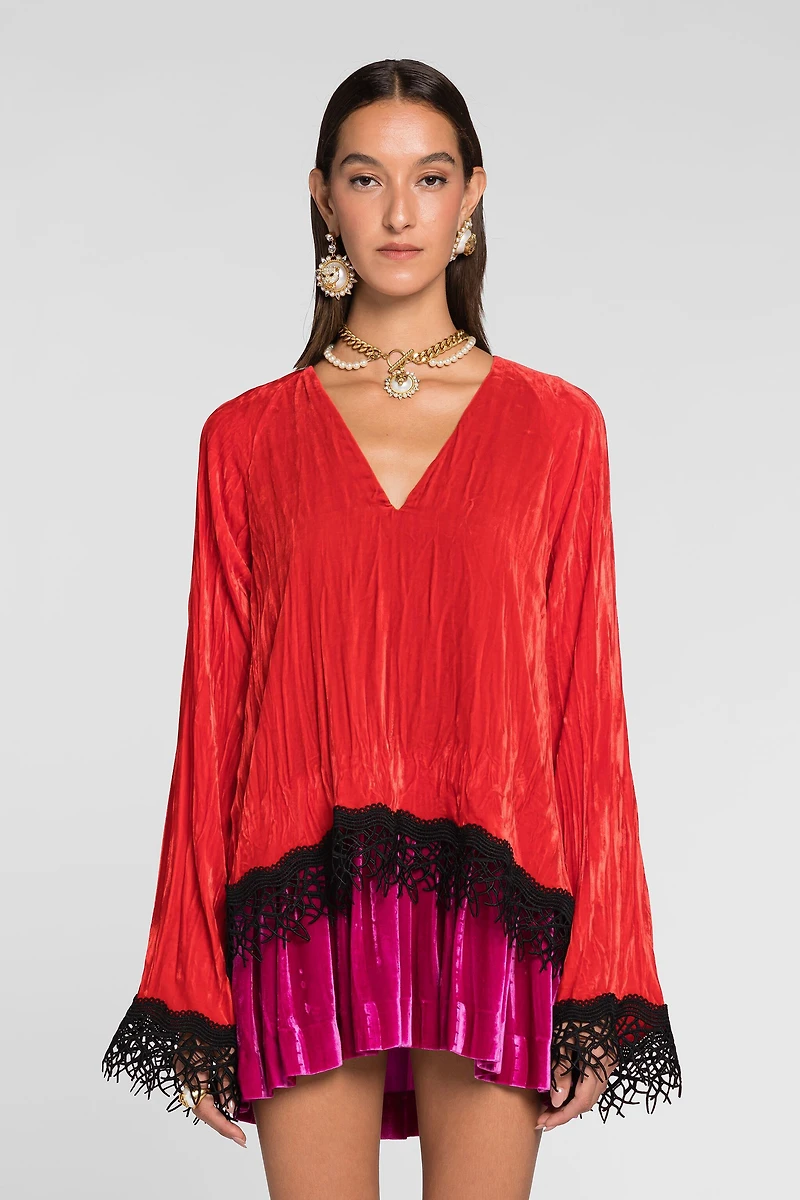 Lace-detailed velvet dress