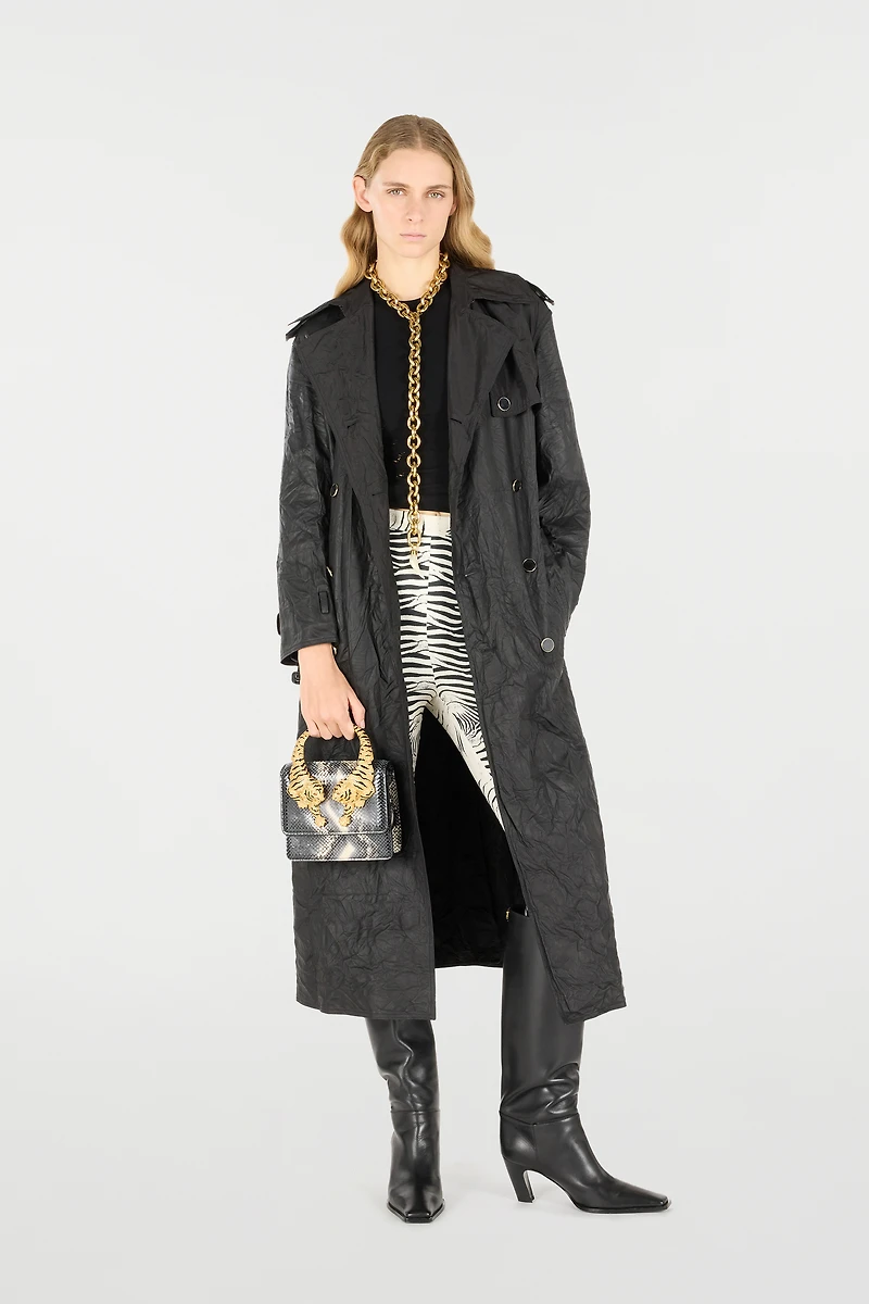 Long Crinkle-Effect Trench Coat