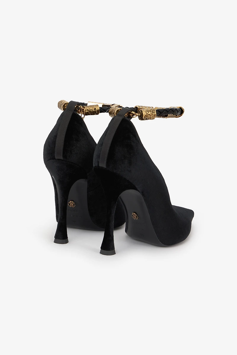 Roberto Cavalli Velvet Stiletto Heels With Jewel Anklet