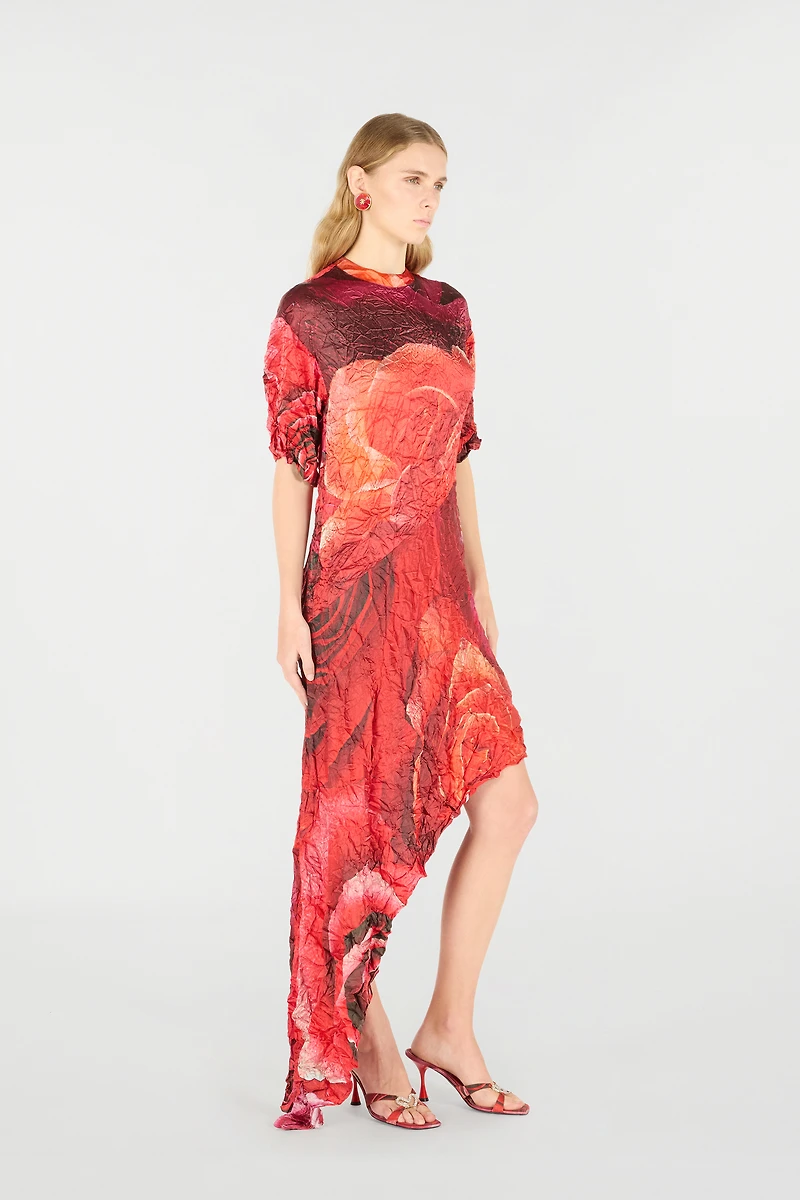 Crinkled Asymmetric Dress With Rose Print