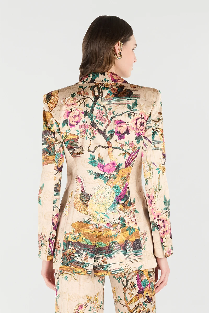 Silk Blazer With Oriental Bird Print
