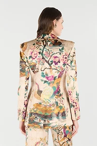 Silk Blazer With Oriental Bird Print