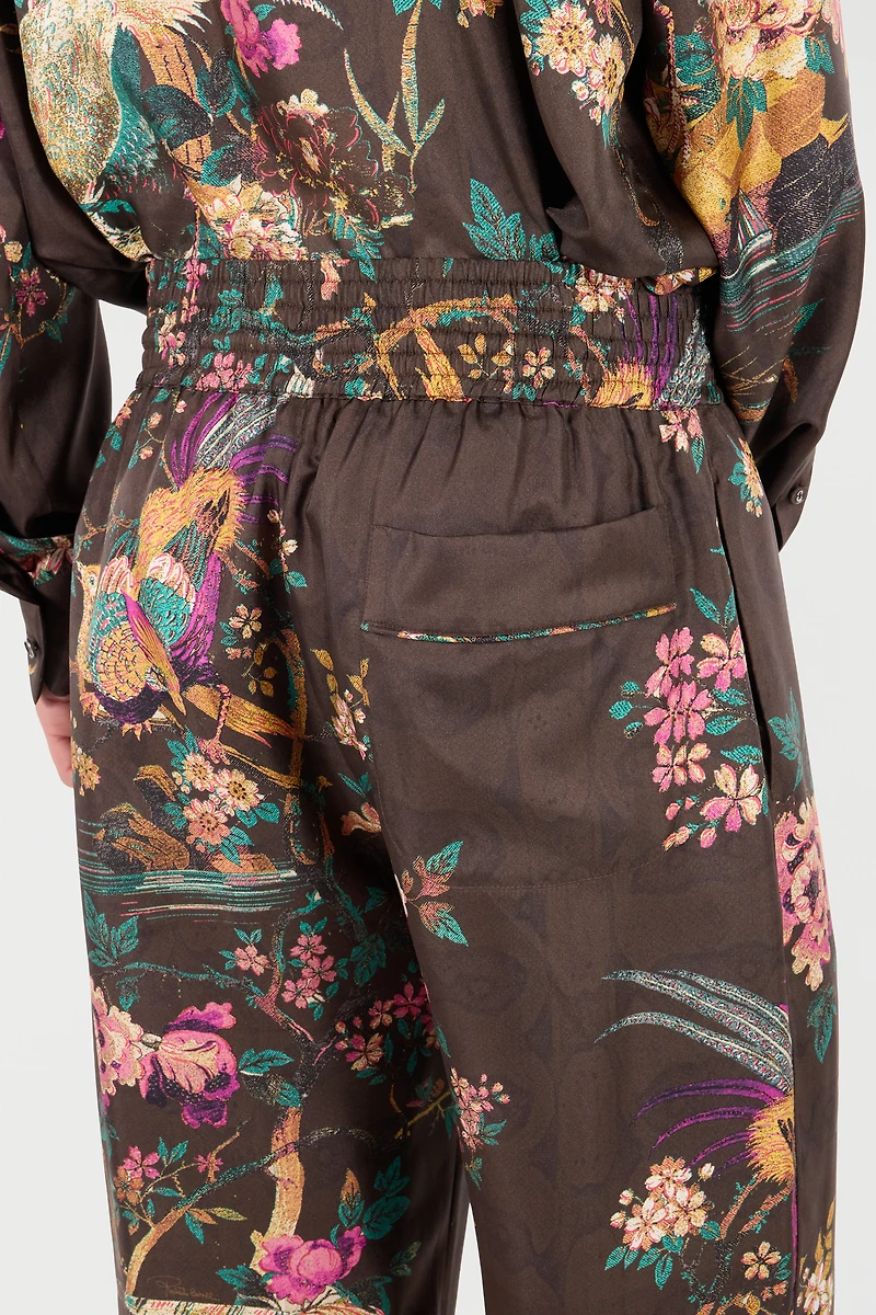 Silk Pants With Oriental Bird Print
