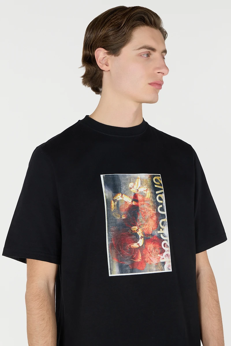 T-Shirt With Distressed-Effect Snake And Rose Print
