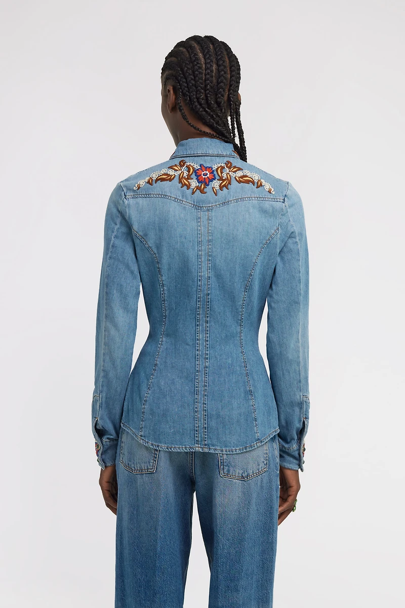 Blue Denim Shirt With Floral Embroidery