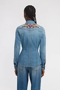 Blue Denim Shirt With Floral Embroidery