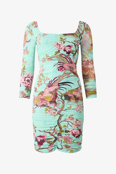 Mini Dress With Oriental Bird Print