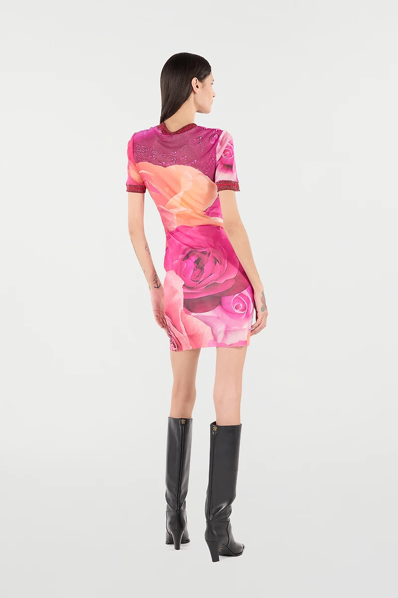 Short Rose-Print Dress With Glittery Trims