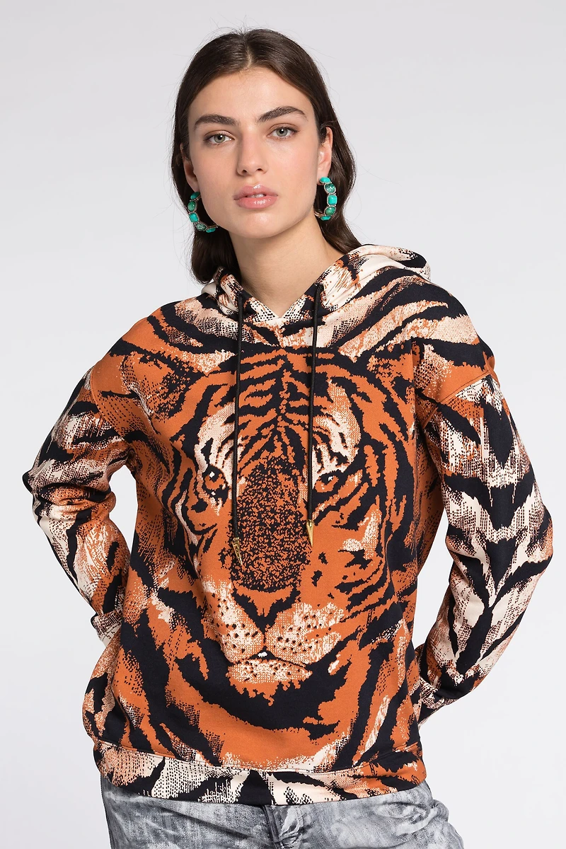 Tiger-Print Cotton Hoodie