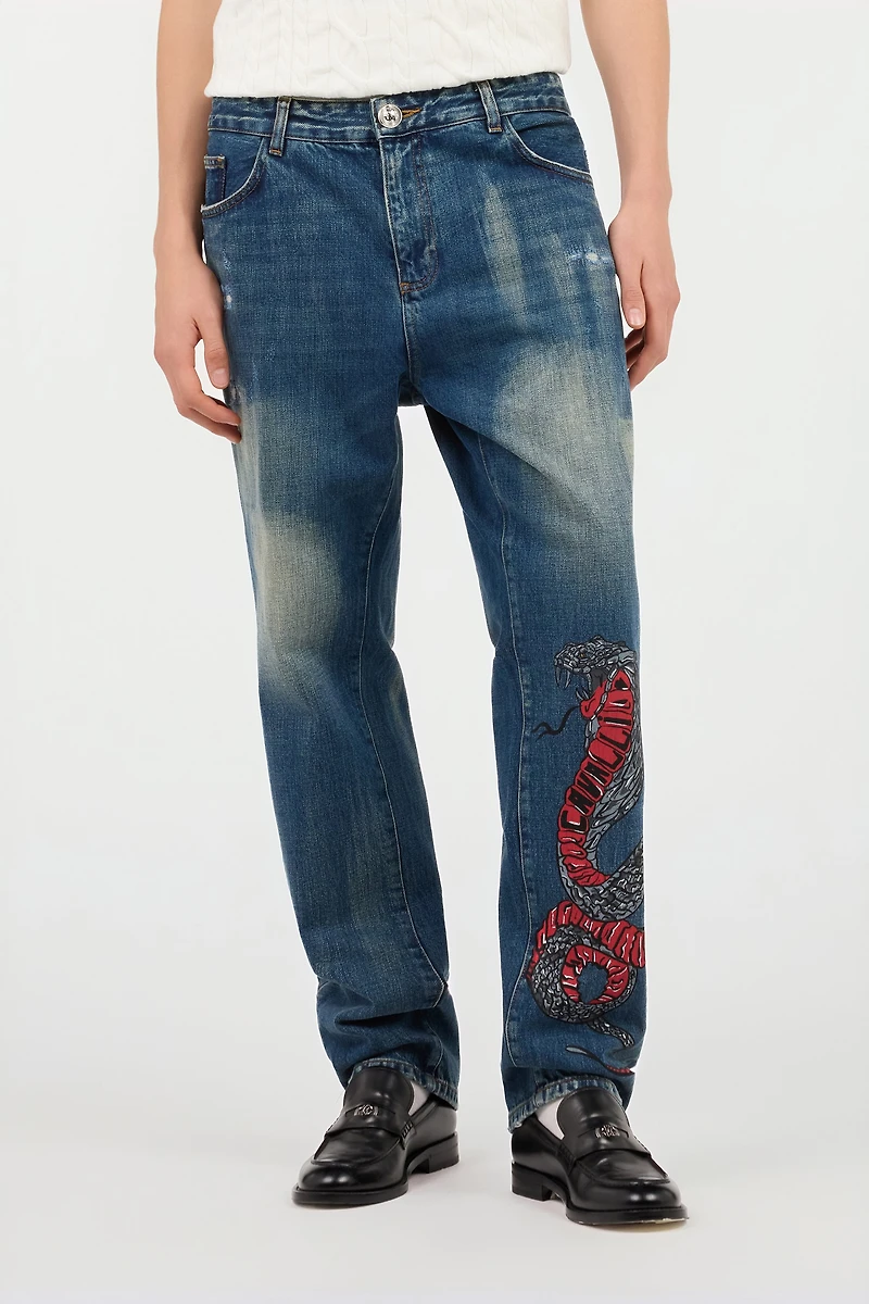 Snake-Print Slim-Fit Jeans