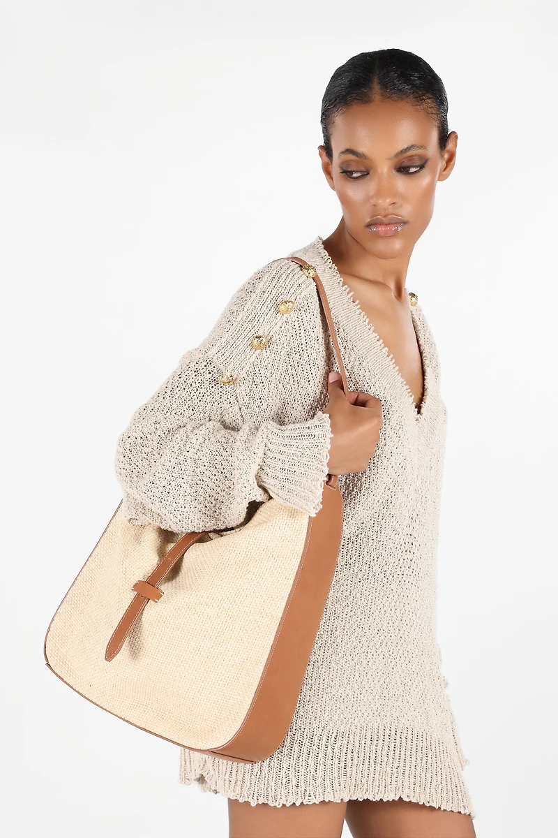 Large Raffia-Effect Shoulder Bag