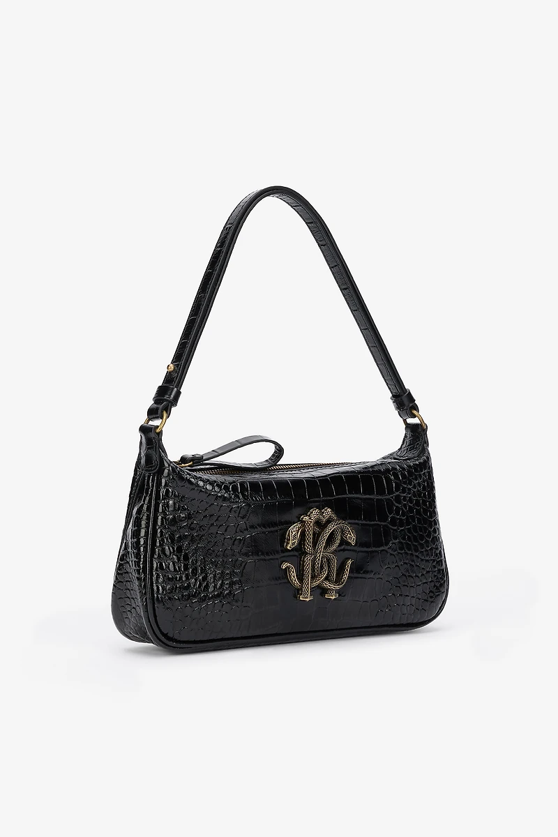 Black Croc-Effect Shoulder Bag With Mirror Snake Monogram