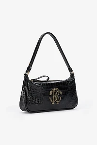 Black Croc-Effect Shoulder Bag With Mirror Snake Monogram