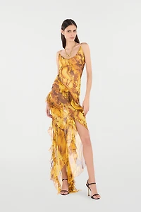 Asymmetric Silk Dress With Amber Print