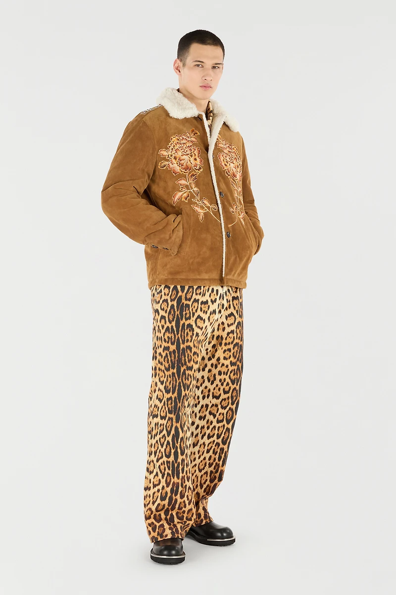 Suede Leather Jacket With Flowers And Tigers