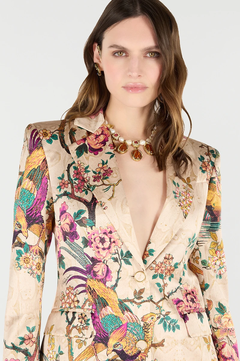 Silk Blazer With Oriental Bird Print