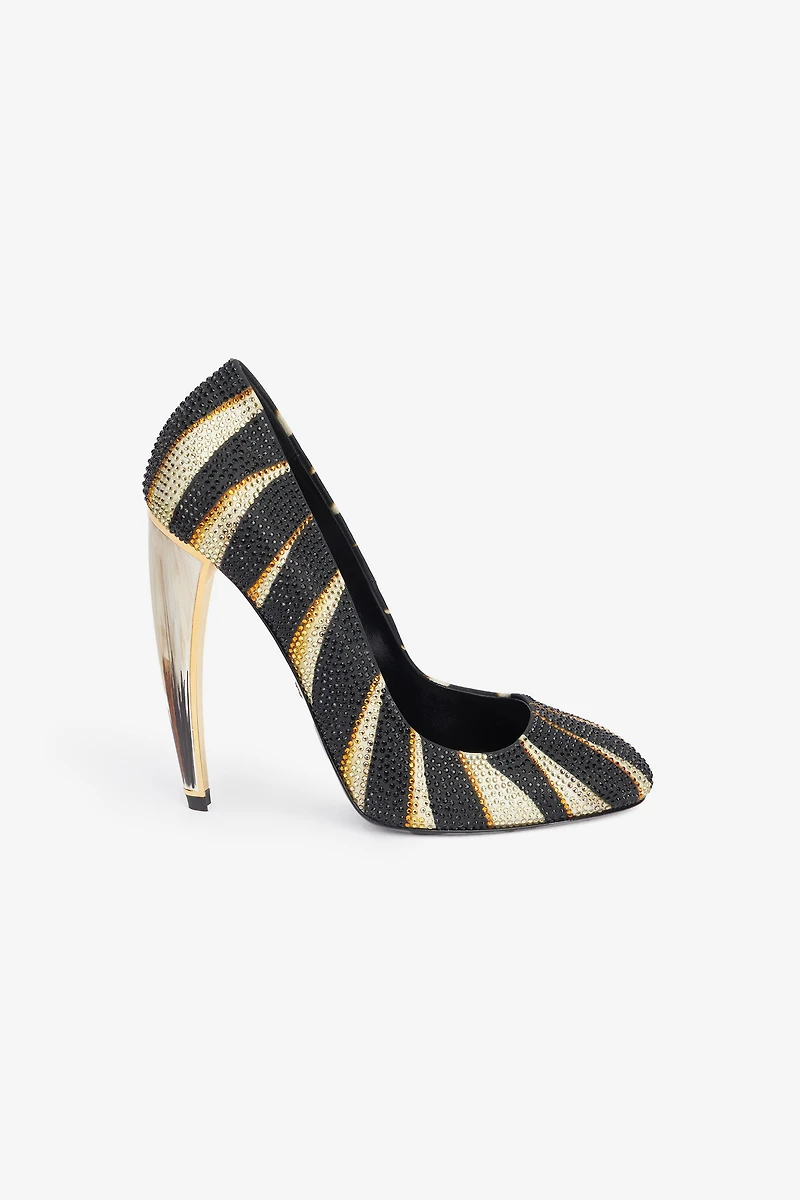 Print Satin Pumps with Rhinestones