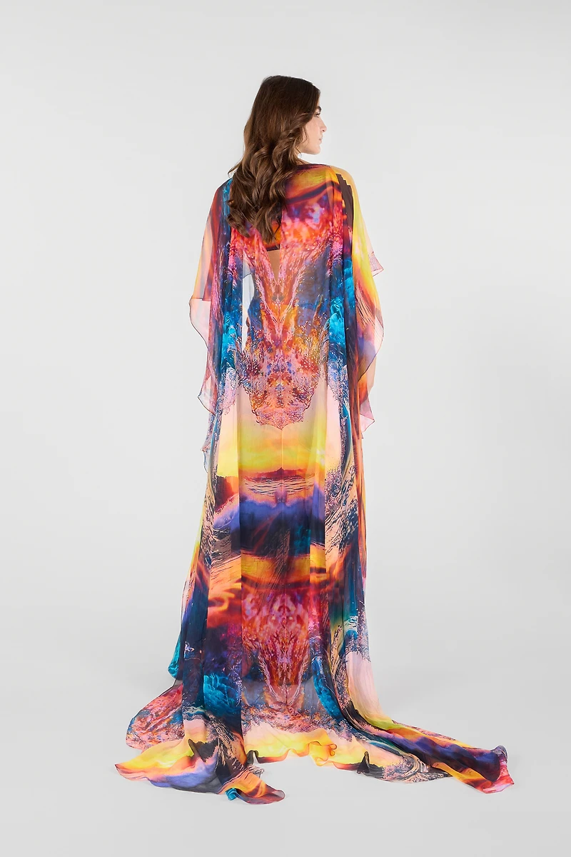 Itaca Print Long Dress with Cape