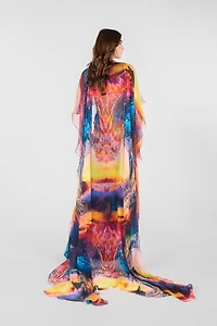 Itaca Print Long Dress with Cape
