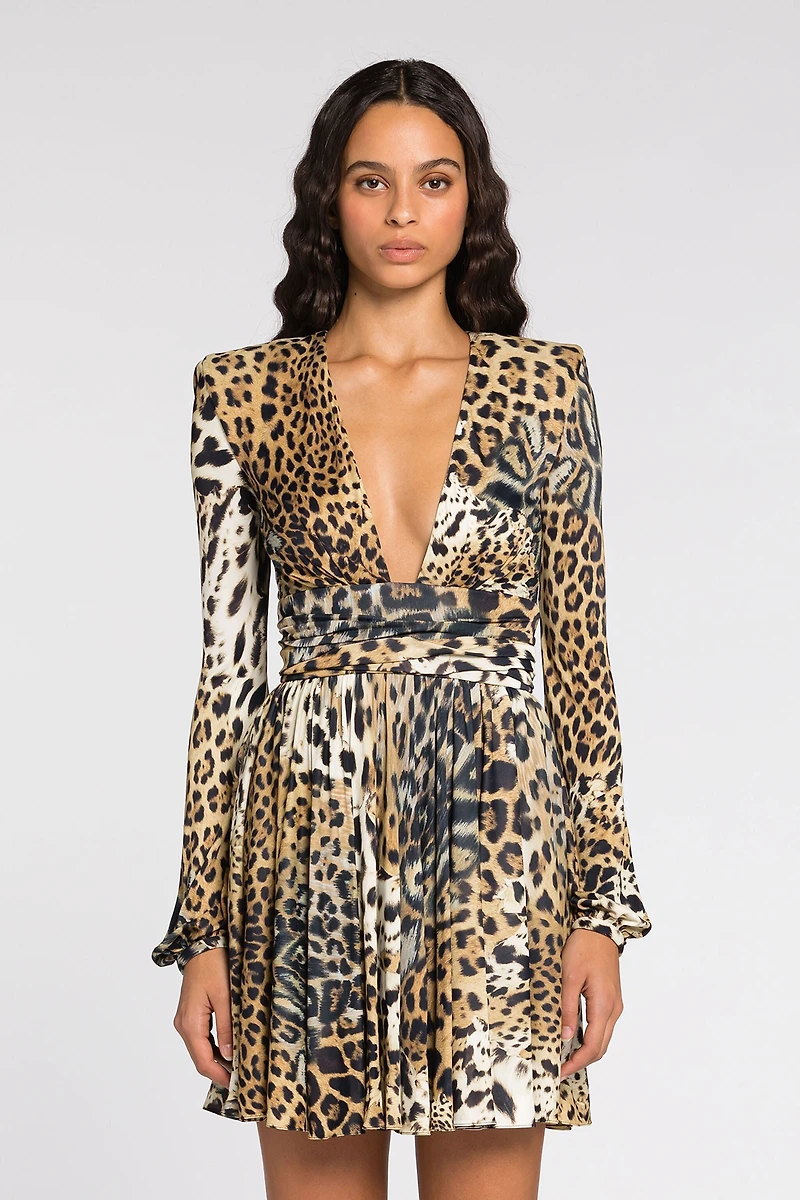 Leopard-print long-sleeve midi dress