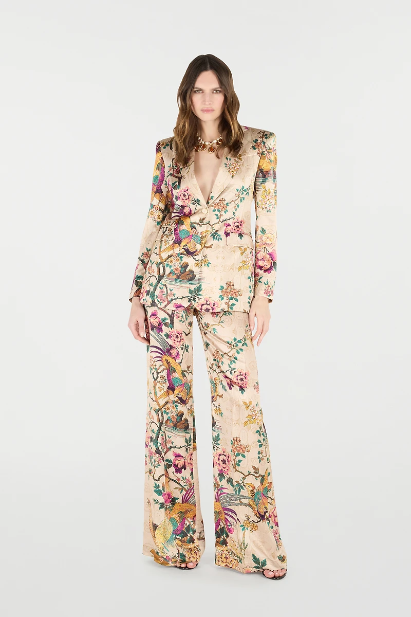 Silk Blazer With Oriental Bird Print