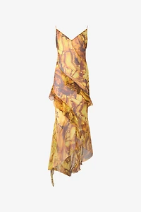 Asymmetric Silk Dress With Amber Print