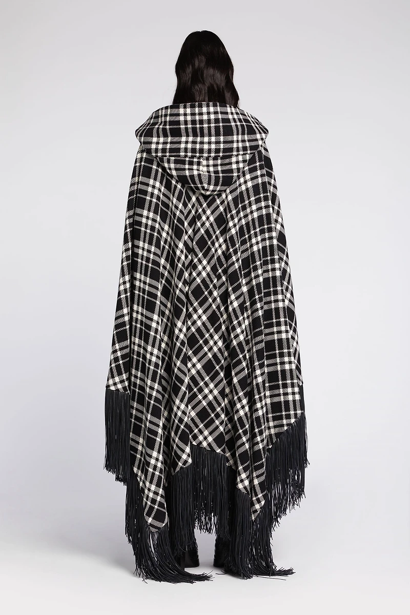 Fringe-Trimmed Plaid Hooded Cape