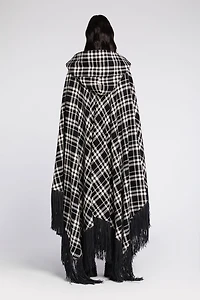 Fringe-Trimmed Plaid Hooded Cape