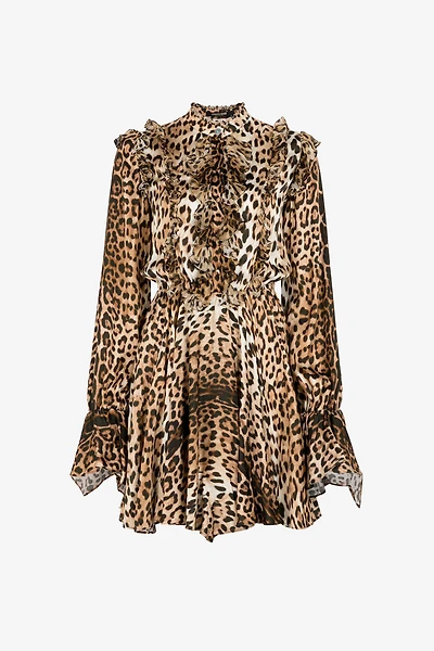Ruffled-detail leopard-print dress