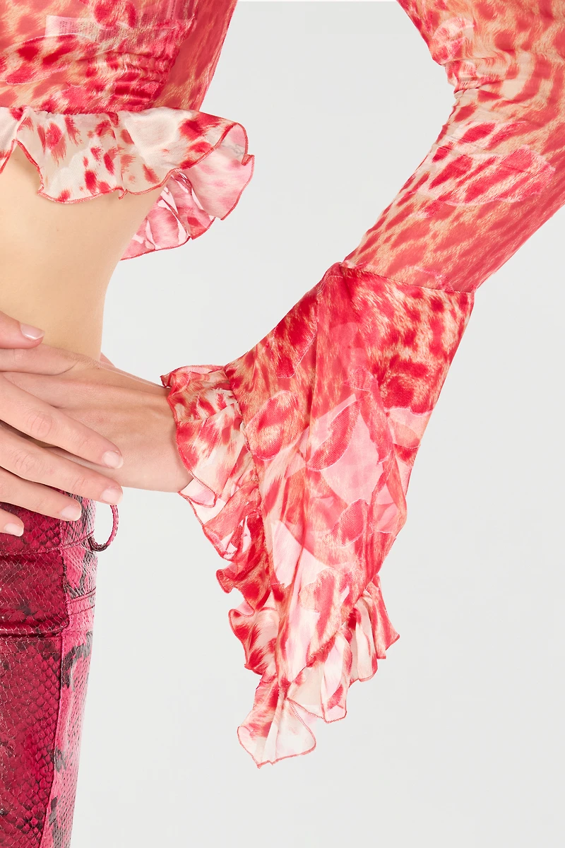 Crop Top With Ruffle And Jaguar Skin Print