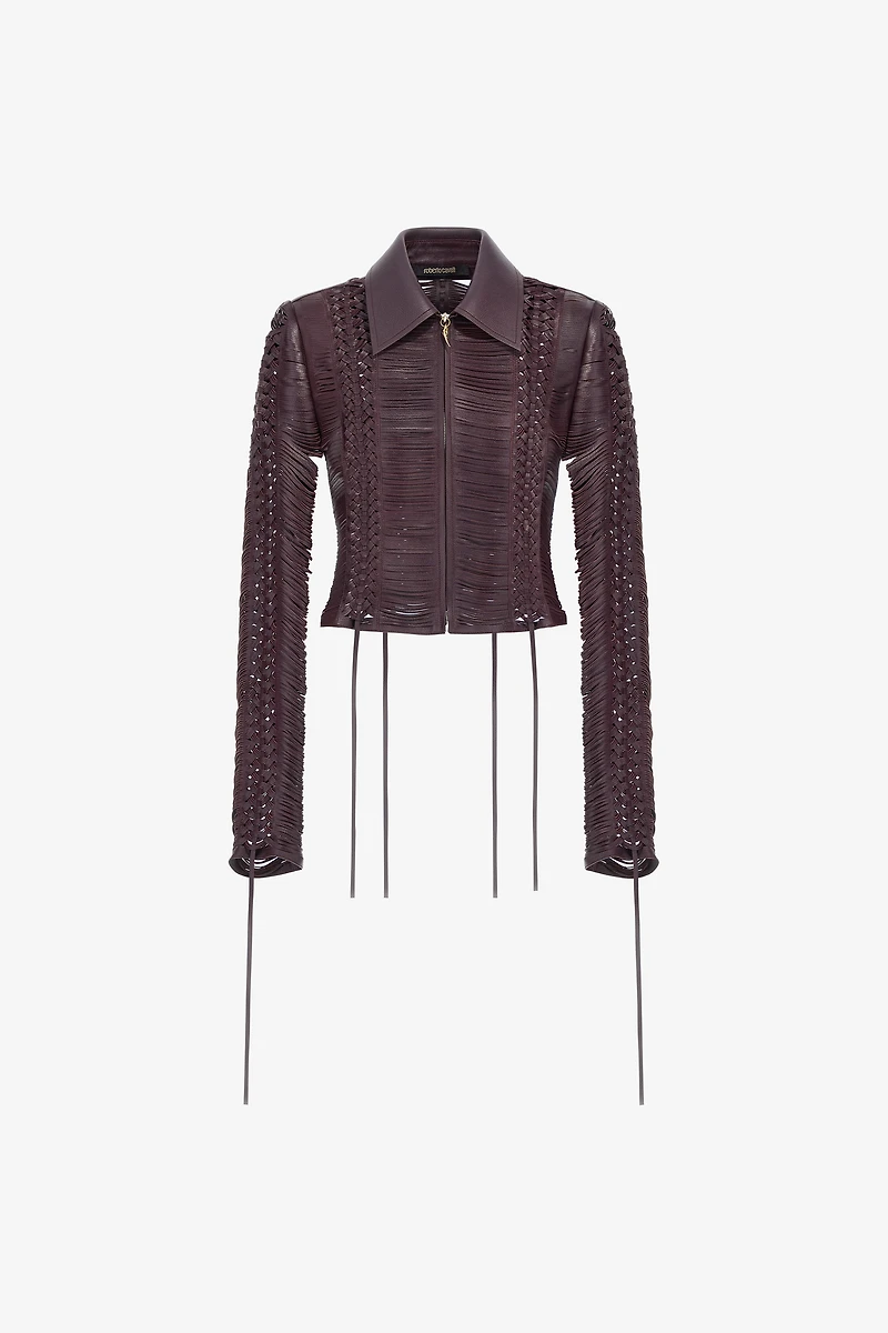 Dark Brown Woven Leather Bomber Jacket