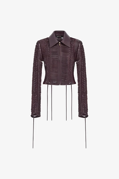 Dark Brown Woven Leather Bomber Jacket