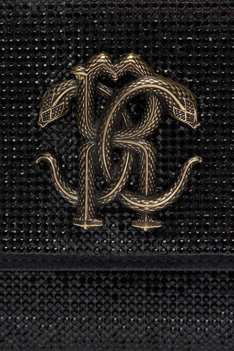 Black Crystal-Embellished Pochette Bag With Mirror Snake Monogram