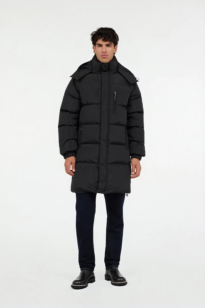 Long black down jacket with hood
