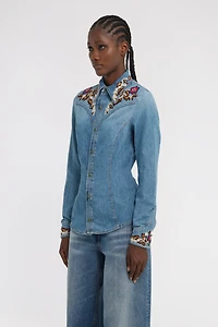 Blue Denim Shirt With Floral Embroidery