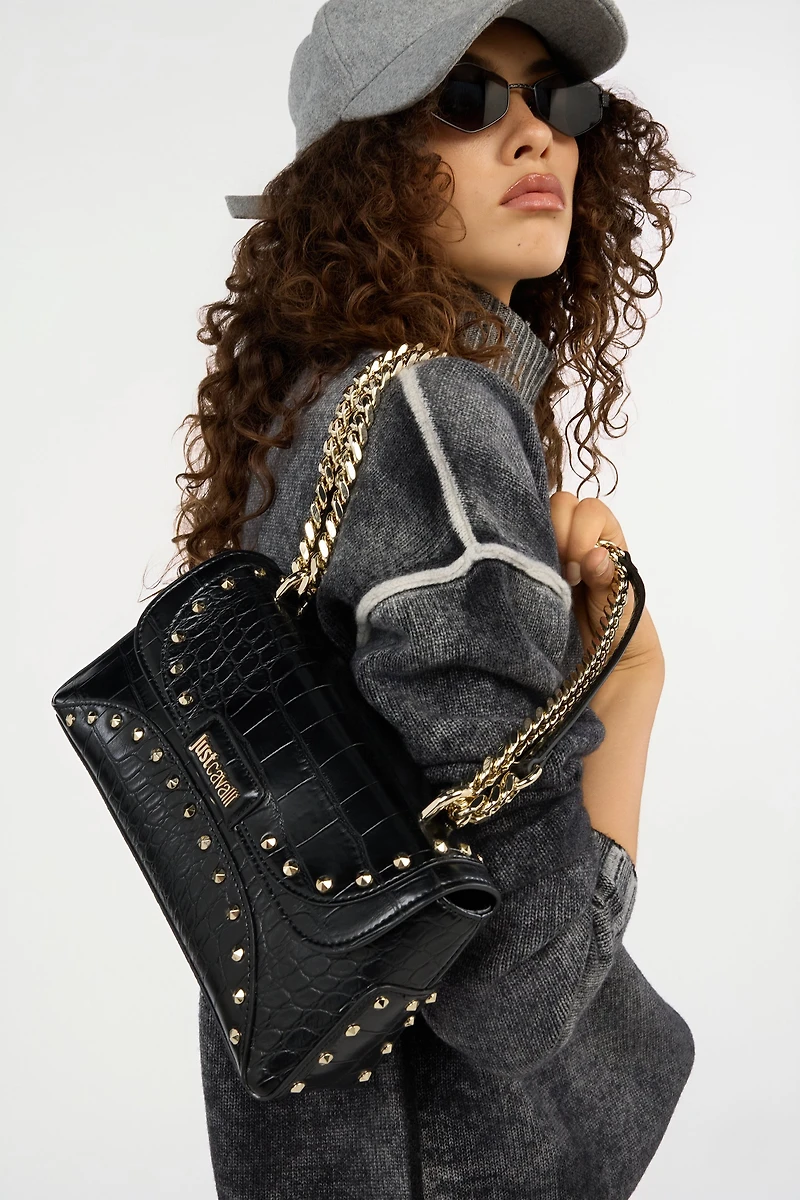 Black Croc-Effect Studded Shoulder Bag