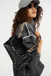 Black Croc-Effect Studded Shoulder Bag